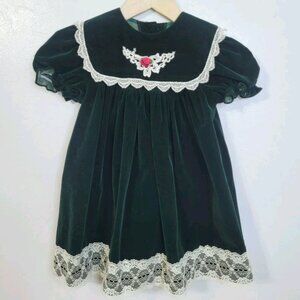 Vtg Cutest One Green Velvet Christmas Dress Size 4T Lace Victorian Holiday